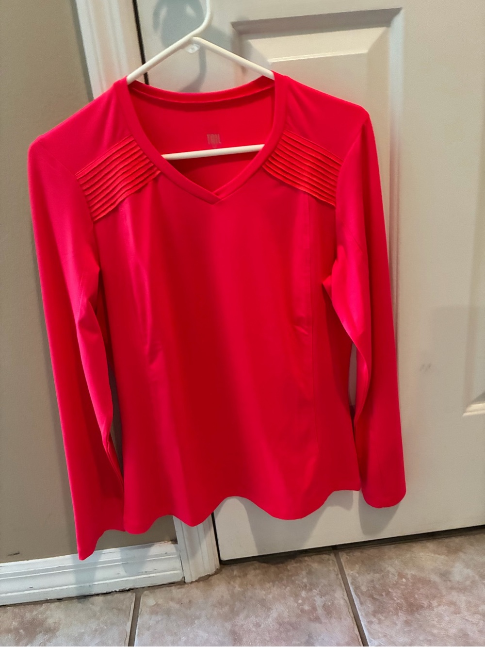 Tail Red V-Neck Long Sleeve Top with Pleated Shoulder Tabs